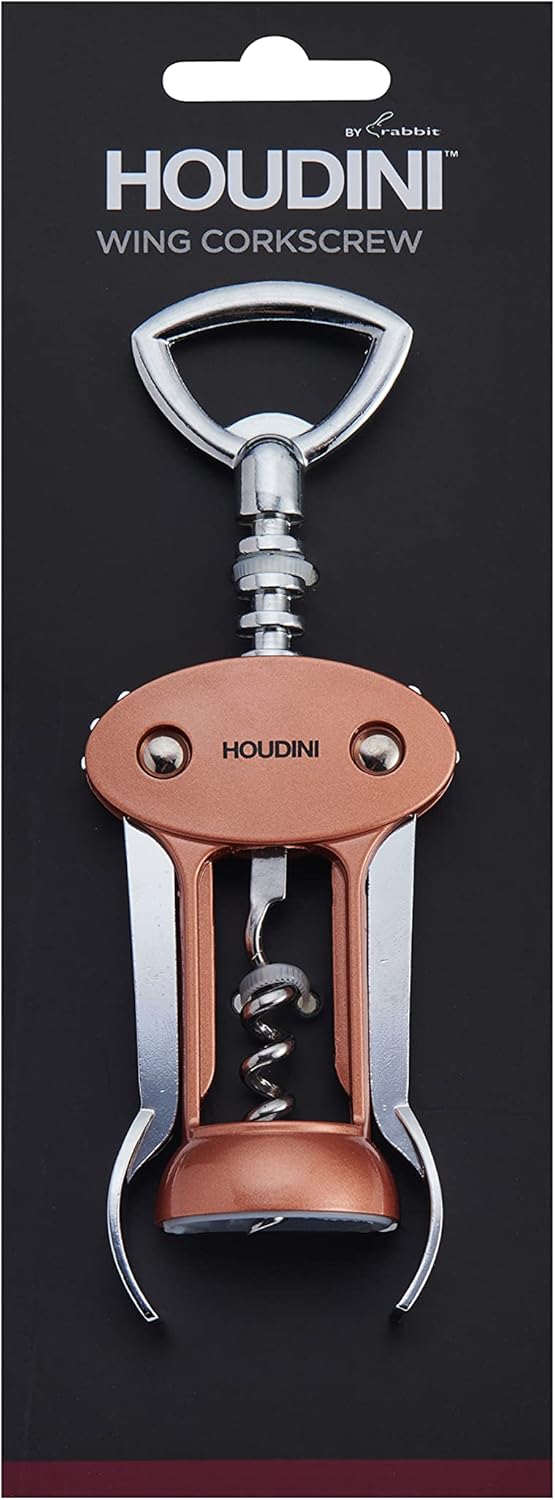 Houdini Wing Corkscrew Wine Bottle Opener, Stainless Steel Non-Stick Spiral, Dishwasher Safe, Clamps Securely onto Bottle, Will Not Crumble Corks