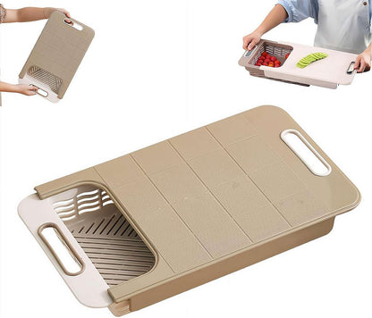 Multifunctional Over the Sink Cutting Board with Strainer Basket, Kitchen Prep Station for Vegetable Fruit Meat, Space Saving Chopping Block for RV Camping and Home Kitchen (White)