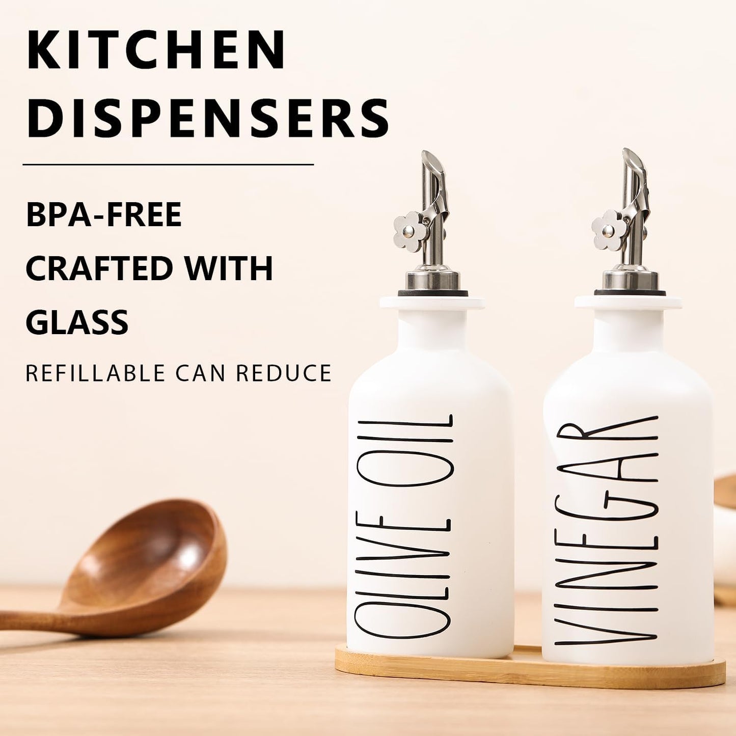 HOMCDALY Premium Olive Oil Dispenser for Kitchen, 11.8oz Glass Oil Bottles with Bamboo Tray, White and Gold Oil&Vinegar Cruet Set, Kitchen Dispenser Bottles with Pourer| Set of 2 (11.8oz –P–Gold)