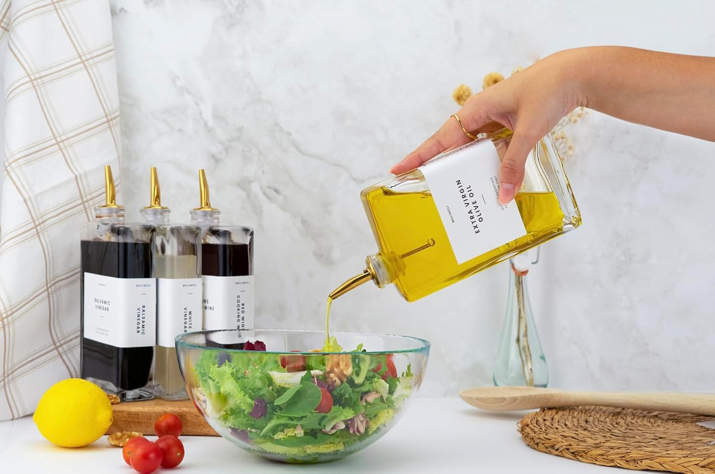 Molimoli Olive Oil Dispenser Bottle for Kitchen, Automatic Pourer, Glass Thin Bottle Dispenser for Kitchen, Olive Oil Cruet, | Set of 2 - Gold