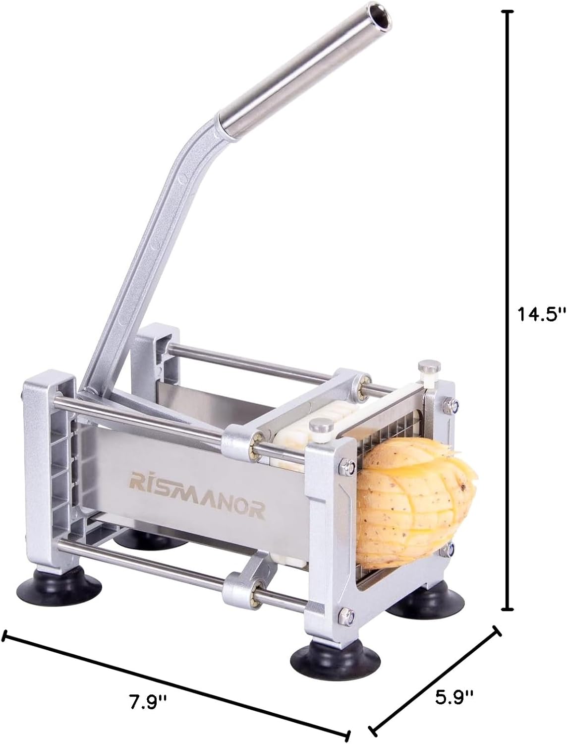 Rismonar French Fry Cutter Stainless Steel Potato Slicer With 1/2 inch Blade for Carrots Cucumbers Vegetables (Silver, Machine + 1/2)