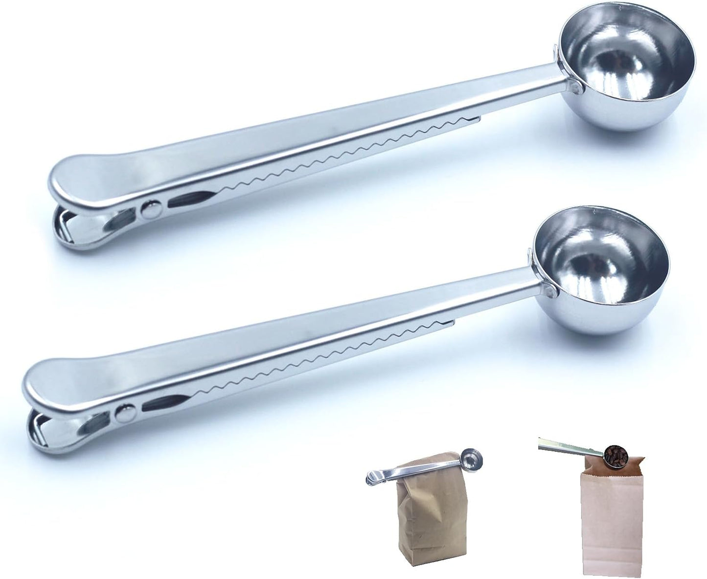 Stainless Steel Coffee Scoop with Clip – 2-in-1 Coffee Measuring Spoon (1 Tbsp) for Ground Coffee, Tea, Protein – Rustproof, Dishwasher Safe, Bag Sealer for Freshness(2 PCS）