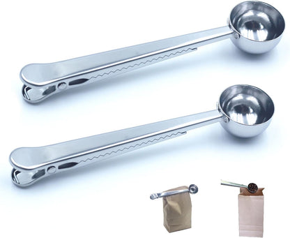 Stainless Steel Coffee Scoop with Clip – 2-in-1 Coffee Measuring Spoon (1 Tbsp) for Ground Coffee, Tea, Protein – Rustproof, Dishwasher Safe, Bag Sealer for Freshness(2 PCS）