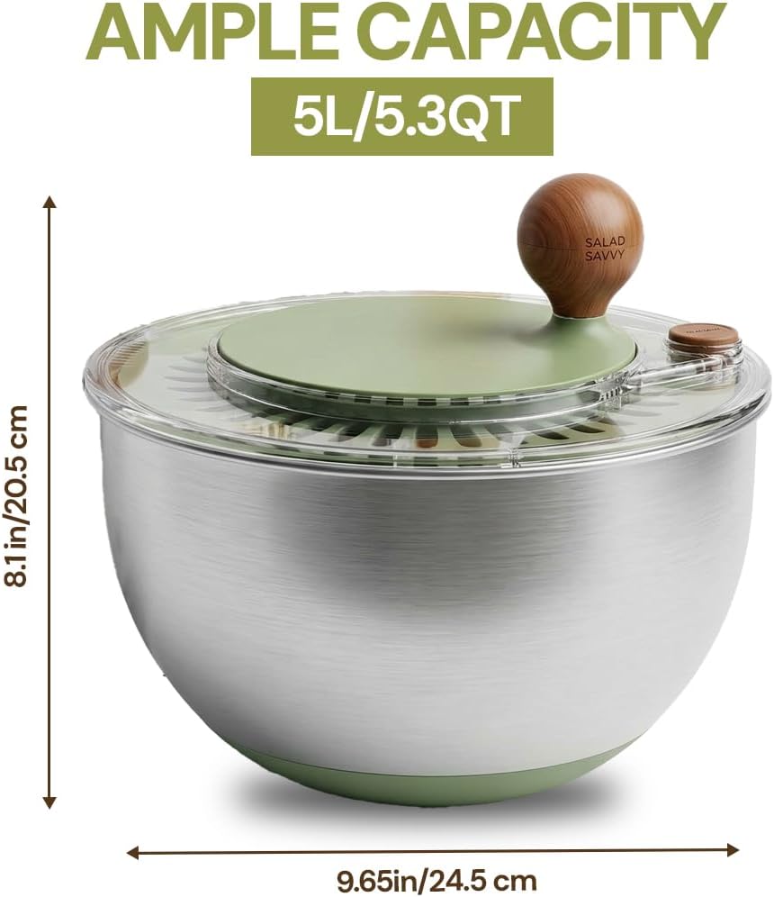 5.3QT Stainless Steel Salad Spinner - Large Salad Spinner with Non-Slip Base, Drain Hole and Stop Button- Dish Washer Safe Vegetable Spinner