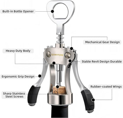 Wing Corkscrew Wine Opener, Premium Zinc Alloy Manual Bottle Opener, Heavy Duty Multifunctional Tool for Kitchen, Bar, Restaurant & Waiters (Silver)