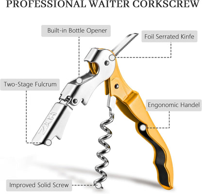 HYZ 2-Pack Wine Opener Waiter Corkscrew, Professional Wine Key for Servers, Bartender, with Foil Cutter, Manual Wine Bottle Opener Double Hinged (Black)