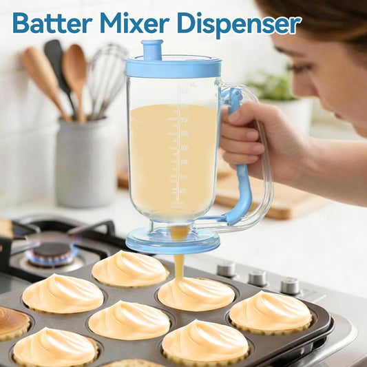 Pancake Batter Dispenser with Built-in Mixer Handle - No-Drip Handheld Funnel for Pancakes, Baking, Waffles, Cupcakes & Muffins - Easy Squeeze Baking Tool for Perfect Portions