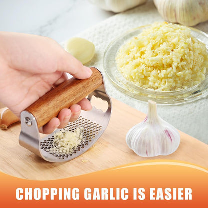 Garlic Press Rocker, 2025 New Manual Stainless Steel Garlic Presser Rocker, Crusher Masher with Garlic Peeling Drum Brush for Home Kitchen Utensils (1)