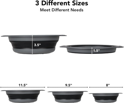 Collapsible Colander Set of 3 with Kitchen Counter Self-draining Base, Round Silicone Food Foldable Strainer for Cooking Pasta, Vegetables and Fruit (3QT, 4QT and 5QT), Black