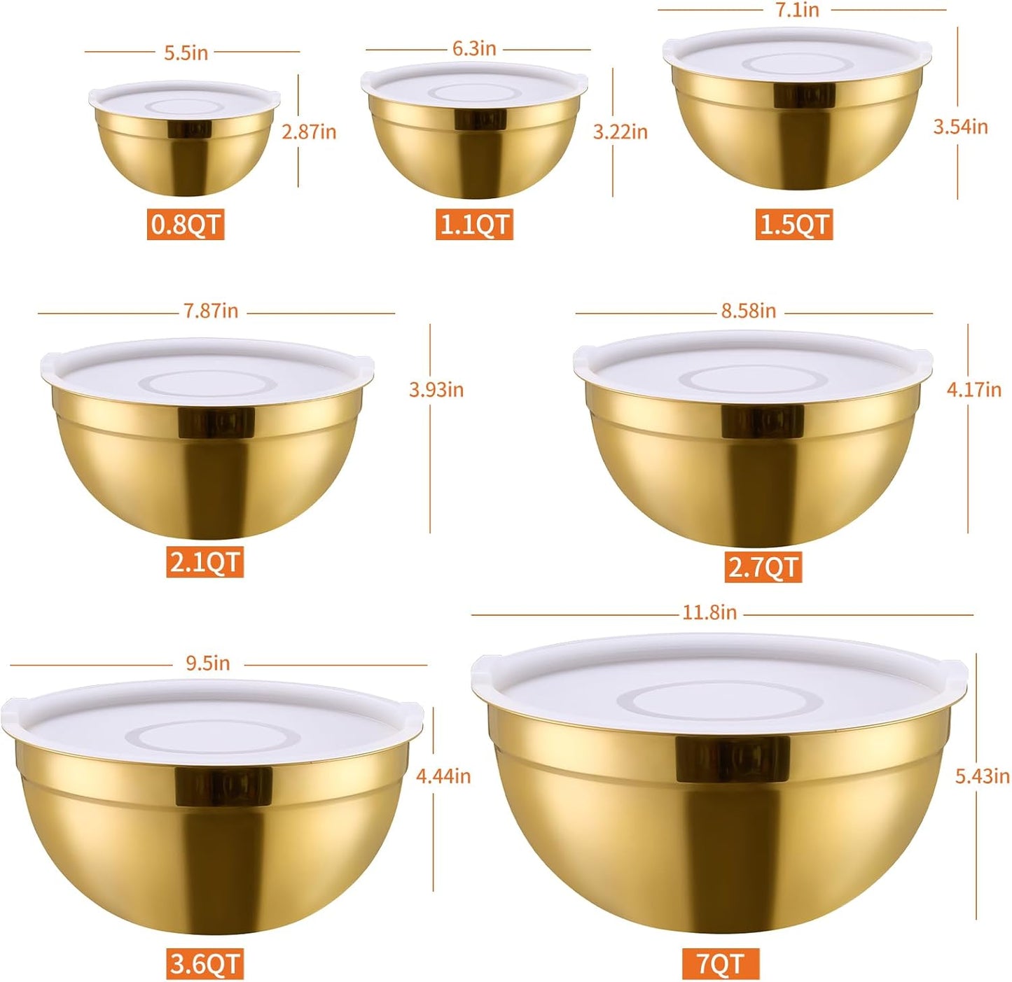 Red Mixing Bowls with Lids Set of 7, Stainless Steel Nesting Bowl with Khaki Lid for Non-slip Mixing Prepping Storing Serving, 7 Sizes-7/3.6/2.7/2.1/1.5/1/0.8 QT