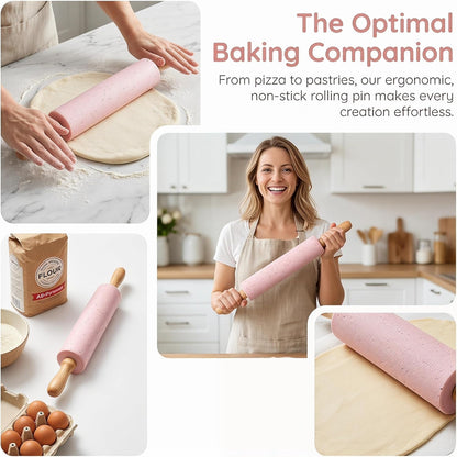 Silicone Rolling Pin for Baking,15Inch Pastry Dough Roller with Wooden Handle,Non Stick Surface Rolling Pin for Dough Cookie Pastry Tapered Dumpling Baking Supplies Kitchen Accessories