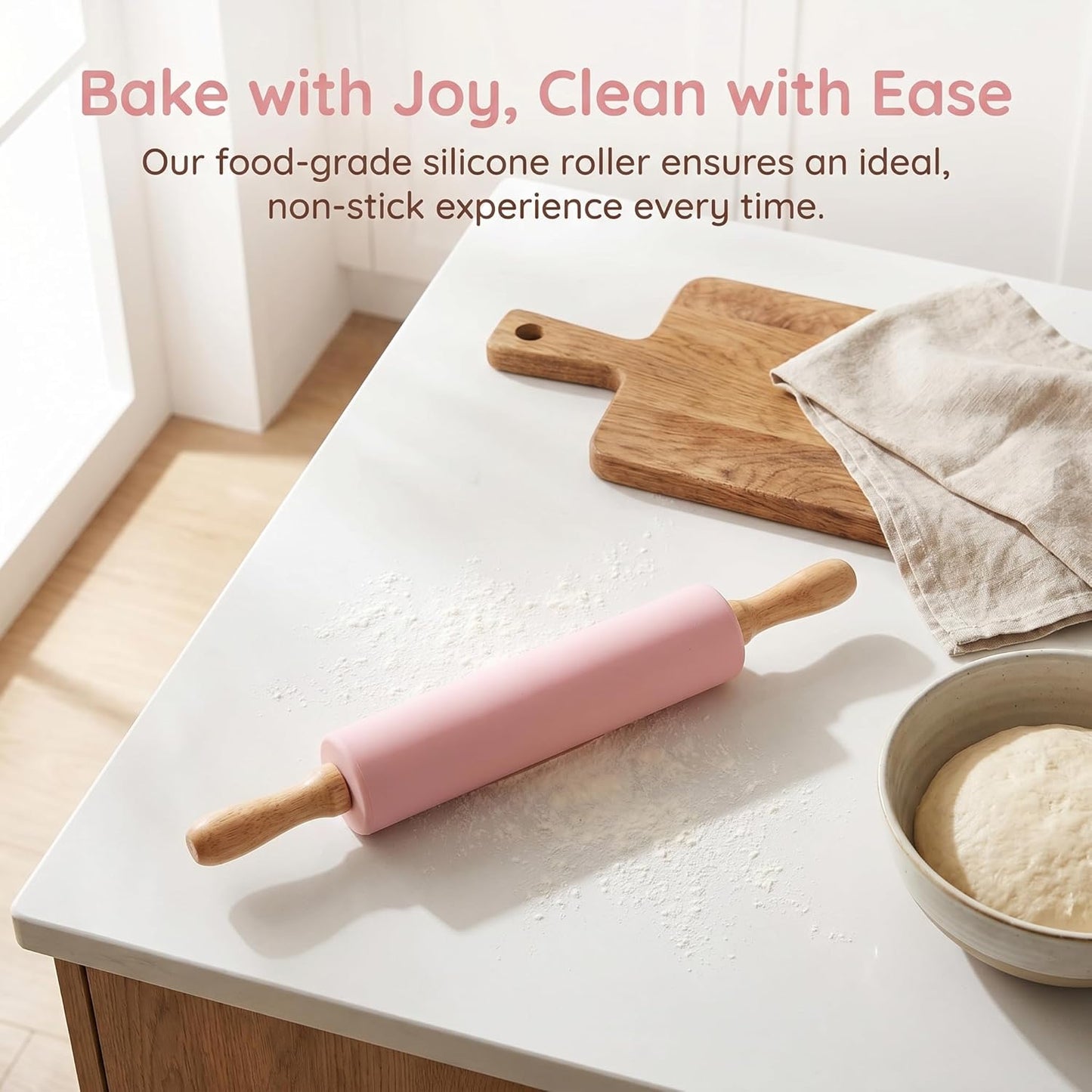 Silicone Rolling Pin for Baking,15Inch Pastry Dough Roller with Wooden Handle,Non Stick Surface Rolling Pin for Dough Cookie Pastry Tapered Dumpling Baking Supplies Kitchen Accessories