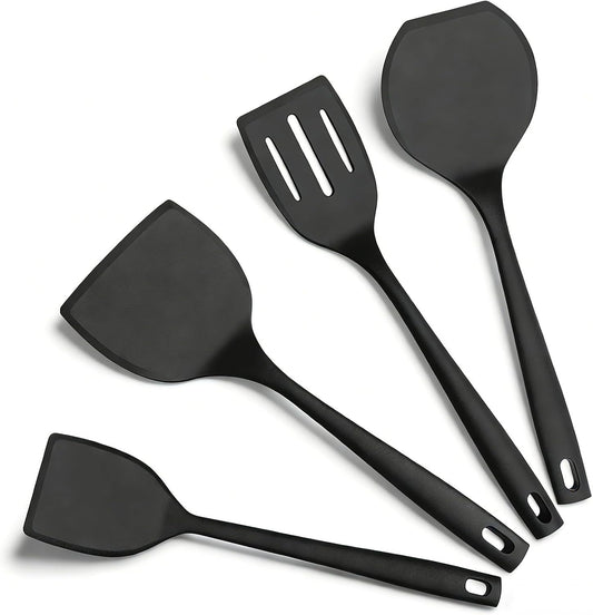 Silicone Spatula Turner Set, 600°F High Heat Resistant Spatulas for Cooking, BPA Free, Large Flexible Kitchen Utensils Flipping Eggs, Pancakes, Fish, Burgers, Dishwasher Safe (Black)