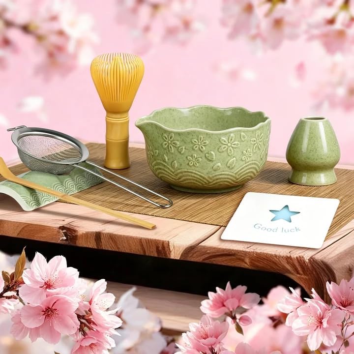 6pcs Matcha Whisk Set Includes Resin Matcha Whisk,Ceramic Matcha Bowl Set and Sifter,Matcha Whisks Holder,Natural Bamboo Spoon and Tea Towel for Matcha Starter Kit Lovers (Mottled Green)