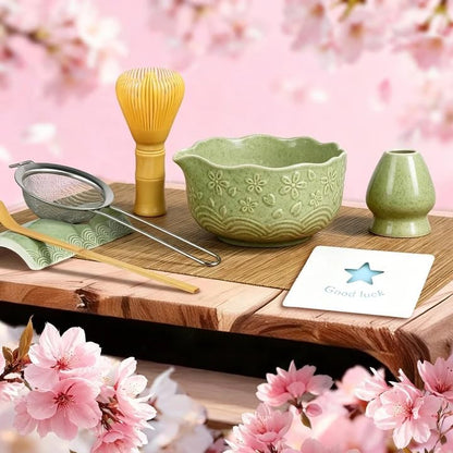 6pcs Matcha Whisk Set Includes Resin Matcha Whisk,Ceramic Matcha Bowl Set and Sifter,Matcha Whisks Holder,Natural Bamboo Spoon and Tea Towel for Matcha Starter Kit Lovers (Mottled Green)