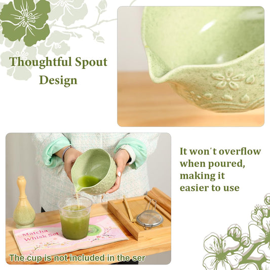6pcs Matcha Whisk Set Includes Resin Matcha Whisk,Ceramic Matcha Bowl Set and Sifter,Matcha Whisks Holder,Natural Bamboo Spoon and Tea Towel for Matcha Starter Kit Lovers (Mottled Green)