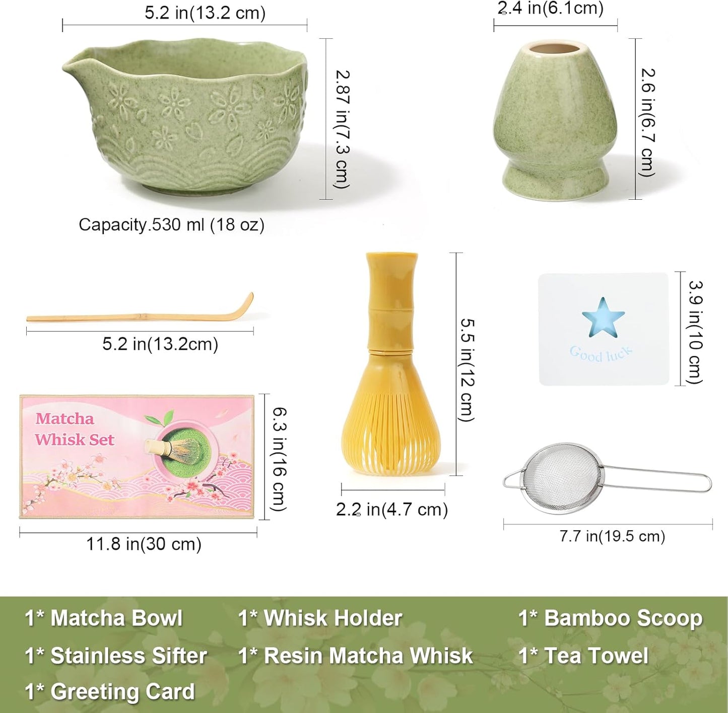 6pcs Matcha Whisk Set Includes Resin Matcha Whisk,Ceramic Matcha Bowl Set and Sifter,Matcha Whisks Holder,Natural Bamboo Spoon and Tea Towel for Matcha Starter Kit Lovers (Mottled Green)