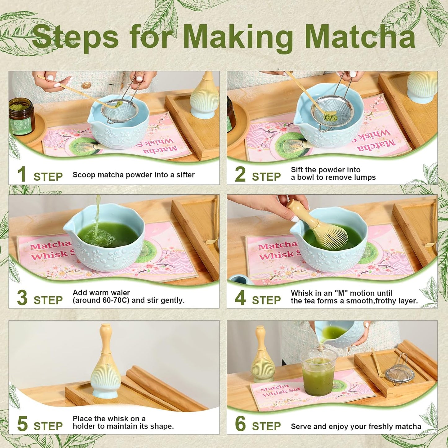 6pcs Matcha Whisk Set Includes Resin Matcha Whisk,Ceramic Matcha Bowl Set and Sifter,Matcha Whisks Holder,Natural Bamboo Spoon and Tea Towel for Matcha Starter Kit Lovers (Mottled Green)