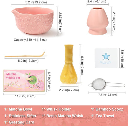 6pcs Matcha Whisk Set Includes Resin Matcha Whisk,Ceramic Matcha Bowl Set and Sifter,Matcha Whisks Holder,Natural Bamboo Spoon and Tea Towel for Matcha Starter Kit Lovers (Mottled Green)