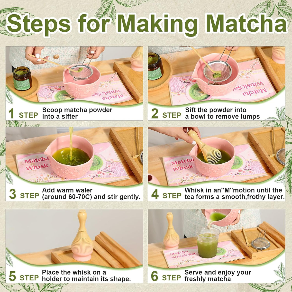 6pcs Matcha Whisk Set Includes Resin Matcha Whisk,Ceramic Matcha Bowl Set and Sifter,Matcha Whisks Holder,Natural Bamboo Spoon and Tea Towel for Matcha Starter Kit Lovers (Mottled Green)