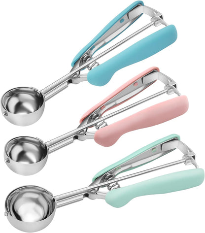 Cookie Scoop Set of 3, 18/8 Stainless Steel Cookie Dough Scoops with Blue, Pink & Green Color-Coded Grips, Small/Medium/Large (#60, #40, #20) Portion Scooper for Baking, Cupcakes & Ice Cream