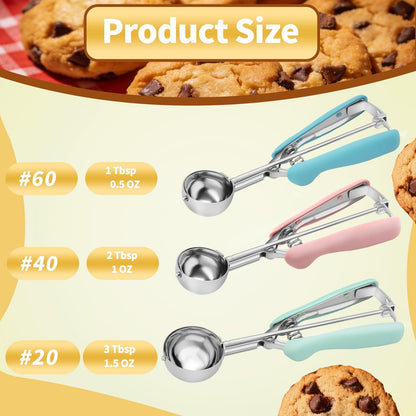 Cookie Scoop Set of 3, 18/8 Stainless Steel Cookie Dough Scoops with Blue, Pink & Green Color-Coded Grips, Small/Medium/Large (#60, #40, #20) Portion Scooper for Baking, Cupcakes & Ice Cream