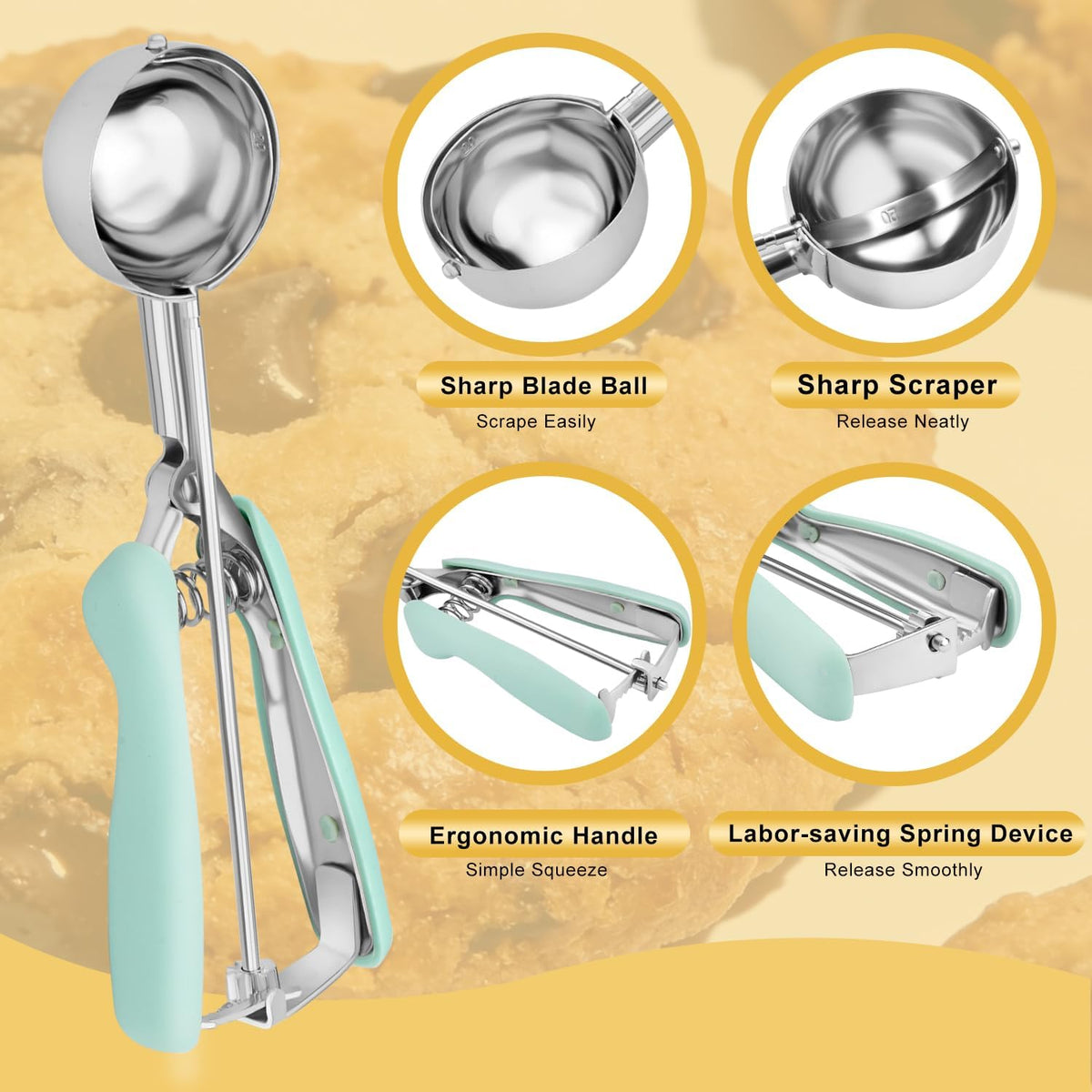 Cookie Scoop Set of 3, 18/8 Stainless Steel Cookie Dough Scoops with Blue, Pink & Green Color-Coded Grips, Small/Medium/Large (#60, #40, #20) Portion Scooper for Baking, Cupcakes & Ice Cream