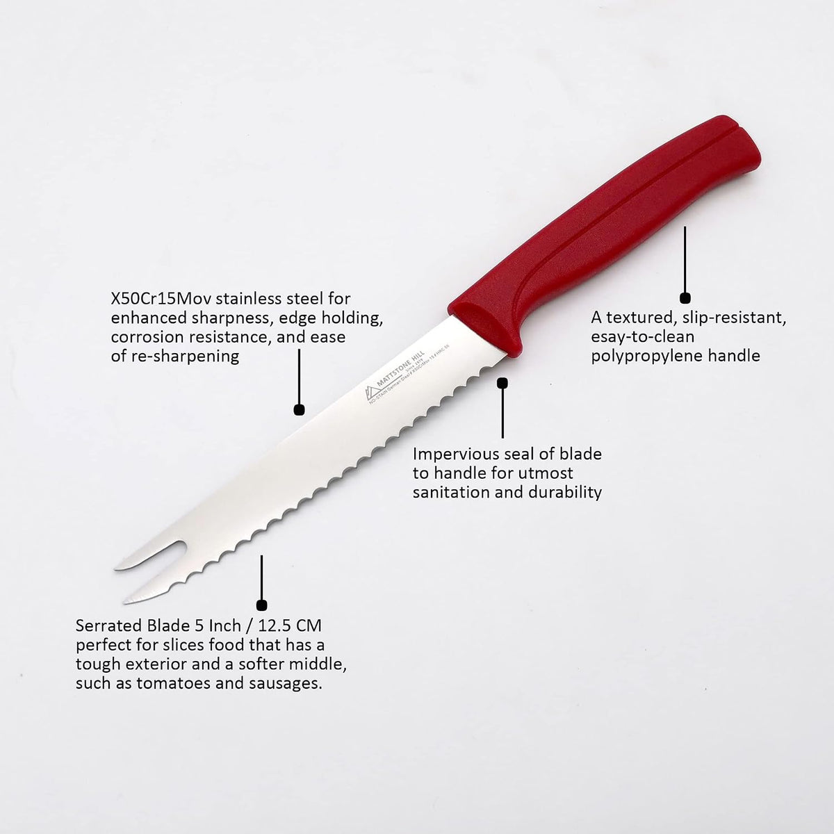 Tomato Knife, MATTSTONE HILL 5 Inch Serrated Kitchen Utility Knife, Red