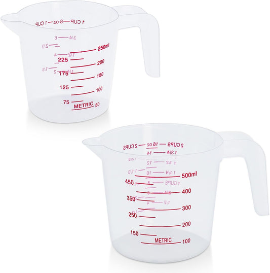 2 Pack Measuring Cup Set, 250ml (1-Cup) and 500ml (2-Cup) | Plastic Liquid Measuring Cups- Baking, Cooking, Mixing & Measuring Cups, Essential Kitchen Tools