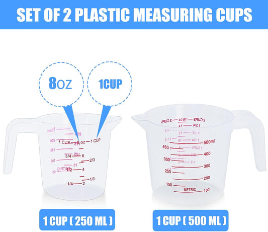 2 Pack Measuring Cup Set, 250ml (1-Cup) and 500ml (2-Cup) | Plastic Liquid Measuring Cups- Baking, Cooking, Mixing & Measuring Cups, Essential Kitchen Tools
