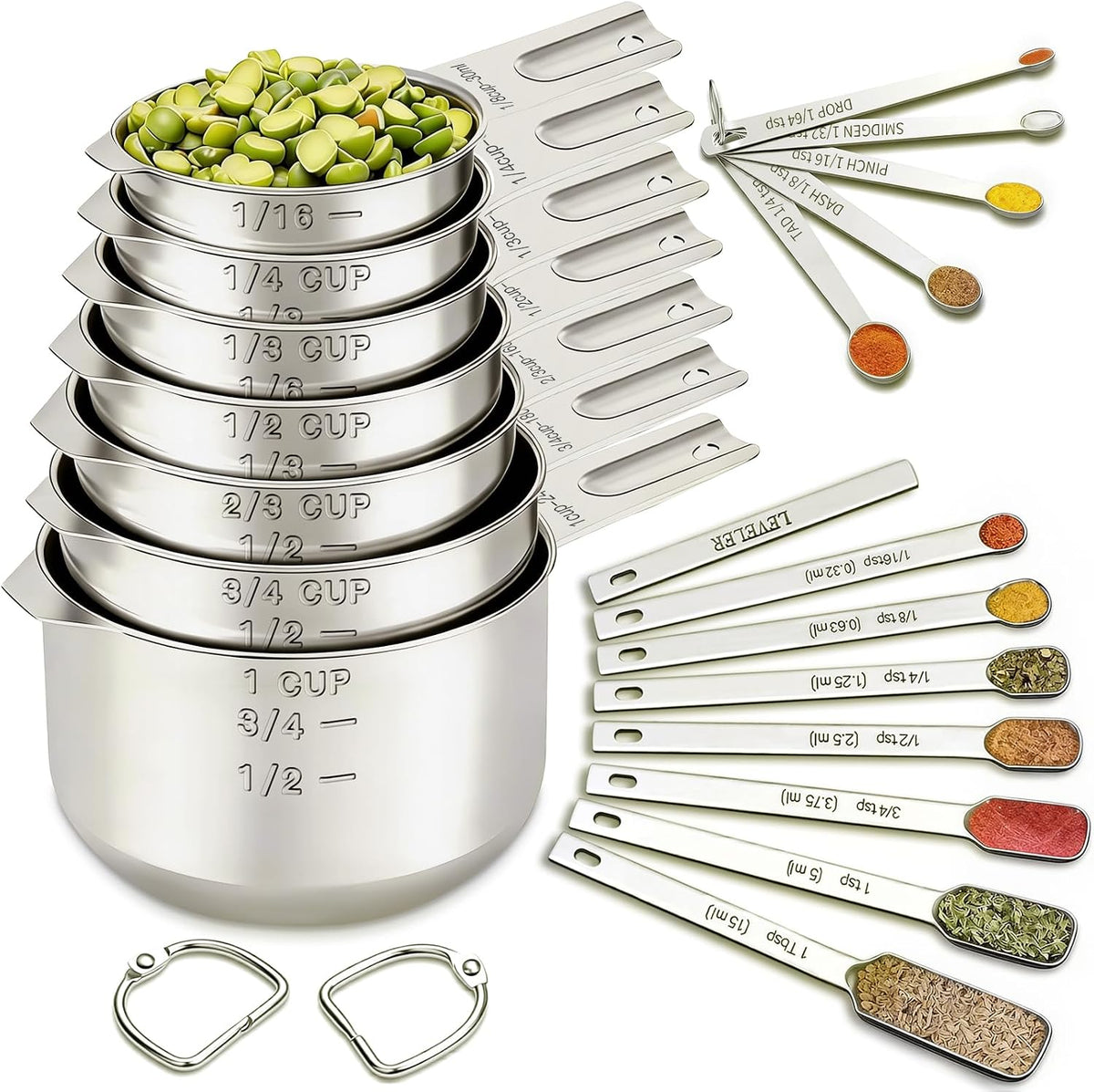 Measuring Cups and Spoons Set, 7 Stainless Steel Nesting Measuring Cups & 7 Spoons, 5 Mini Measuring Spoons &1 Leveler, Kitchen Gadgets for Cooking & Baking, Square