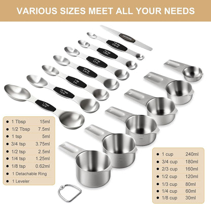 Measuring Cups and Spoons Set, 7 Stainless Steel Nesting Measuring Cups & 7 Spoons, 5 Mini Measuring Spoons &1 Leveler, Kitchen Gadgets for Cooking & Baking, Square