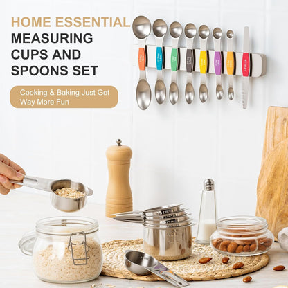 Measuring Cups and Spoons Set, 7 Stainless Steel Nesting Measuring Cups & 7 Spoons, 5 Mini Measuring Spoons &1 Leveler, Kitchen Gadgets for Cooking & Baking, Square