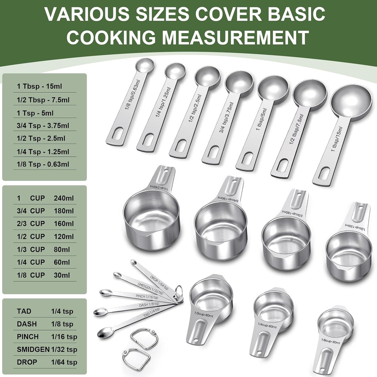 Measuring Cups and Spoons Set, 7 Stainless Steel Nesting Measuring Cups & 7 Spoons, 5 Mini Measuring Spoons &1 Leveler, Kitchen Gadgets for Cooking & Baking, Square
