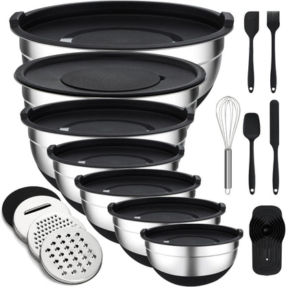 Mixing Bowls with Lids Set - 7 Pcs Stainless Steel Mixing Bowls Non-Slip Silicone Base Mixing Bowl Set for Kitchen with 3 Grater Attachments