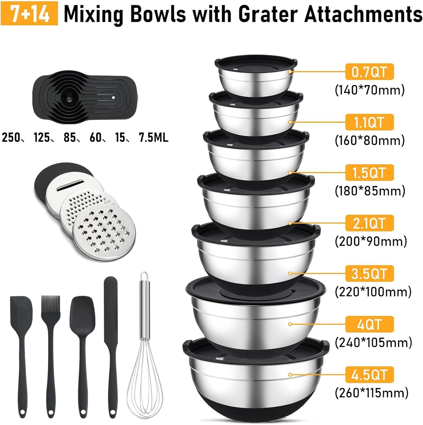 Mixing Bowls with Lids Set - 7 Pcs Stainless Steel Mixing Bowls Non-Slip Silicone Base Mixing Bowl Set for Kitchen with 3 Grater Attachments