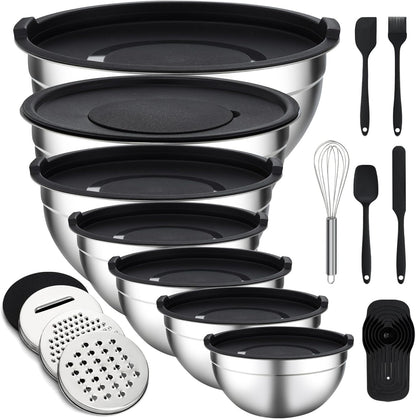 Mixing Bowls with Lids Set - 7 Pcs Stainless Steel Mixing Bowls Non-Slip Silicone Base Mixing Bowl Set for Kitchen with 3 Grater Attachments