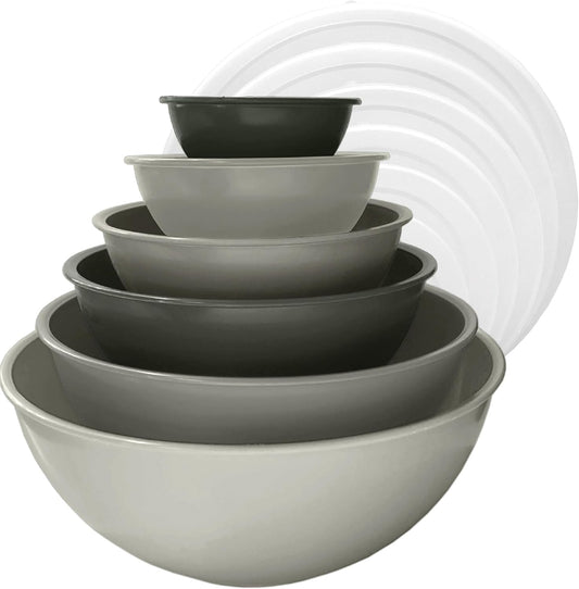 Plastic Mixing Bowls 12 Piece Nesting Set 6 Prep Bowls and 6 Lids, for Baking, Cooking and Storing, Tonal Charcoal