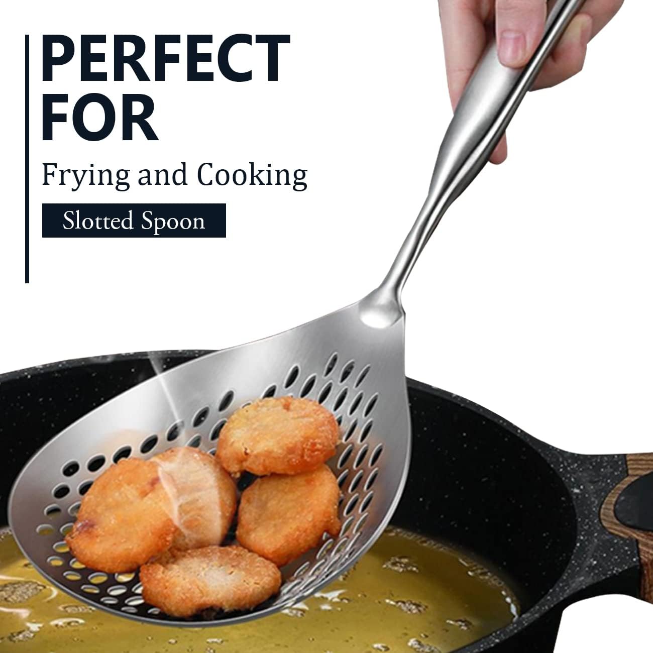 Skimmer Slotted Spoon, 304 Stainless Steel Skimmer Ladle Spoon Spider Strainer for Cooking and Frying, Pasta Strainer Spoon Frying Kitchen Cooking Colander