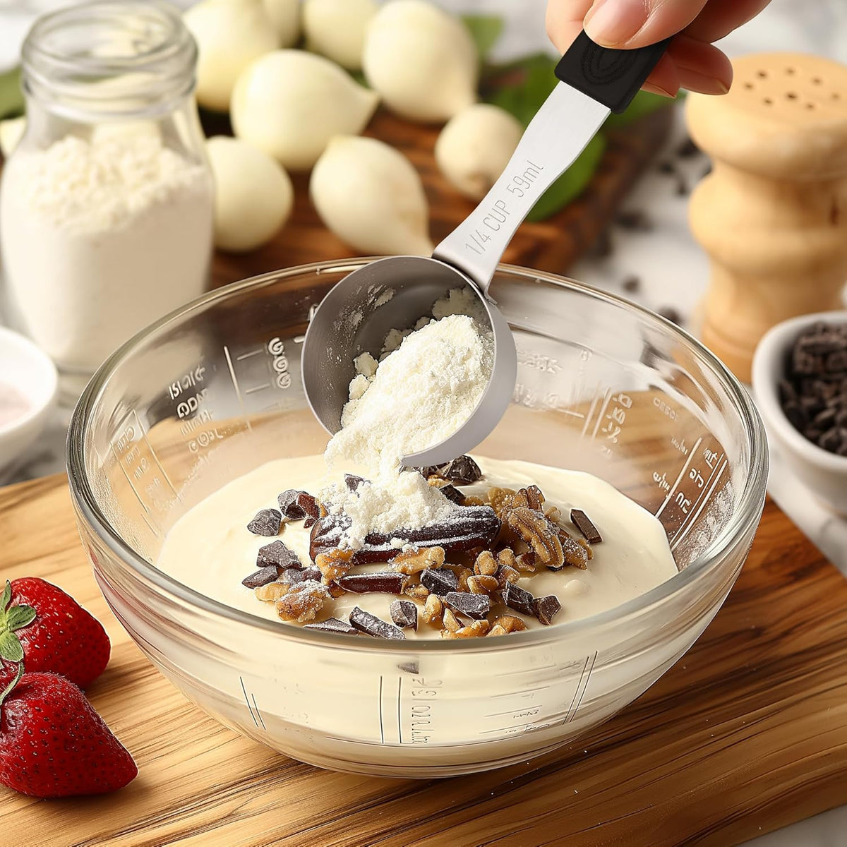 Measuring Cups, Magnetic Measuring Cups Stainless Steel Long Handle Scoop - 1 Cup Measure for Dry & Wet Ingredients, Dishwasher Safe