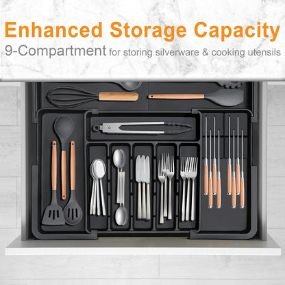 Silverware Organizer - Expandable Large Kitchen Drawer Organizer Utensil Organizer with 2 Removable Knife Blocks, 22"x 19"Cutlery Tray Drawer Dividers for Kitchen Flatware(6-9 Slots) (Black)