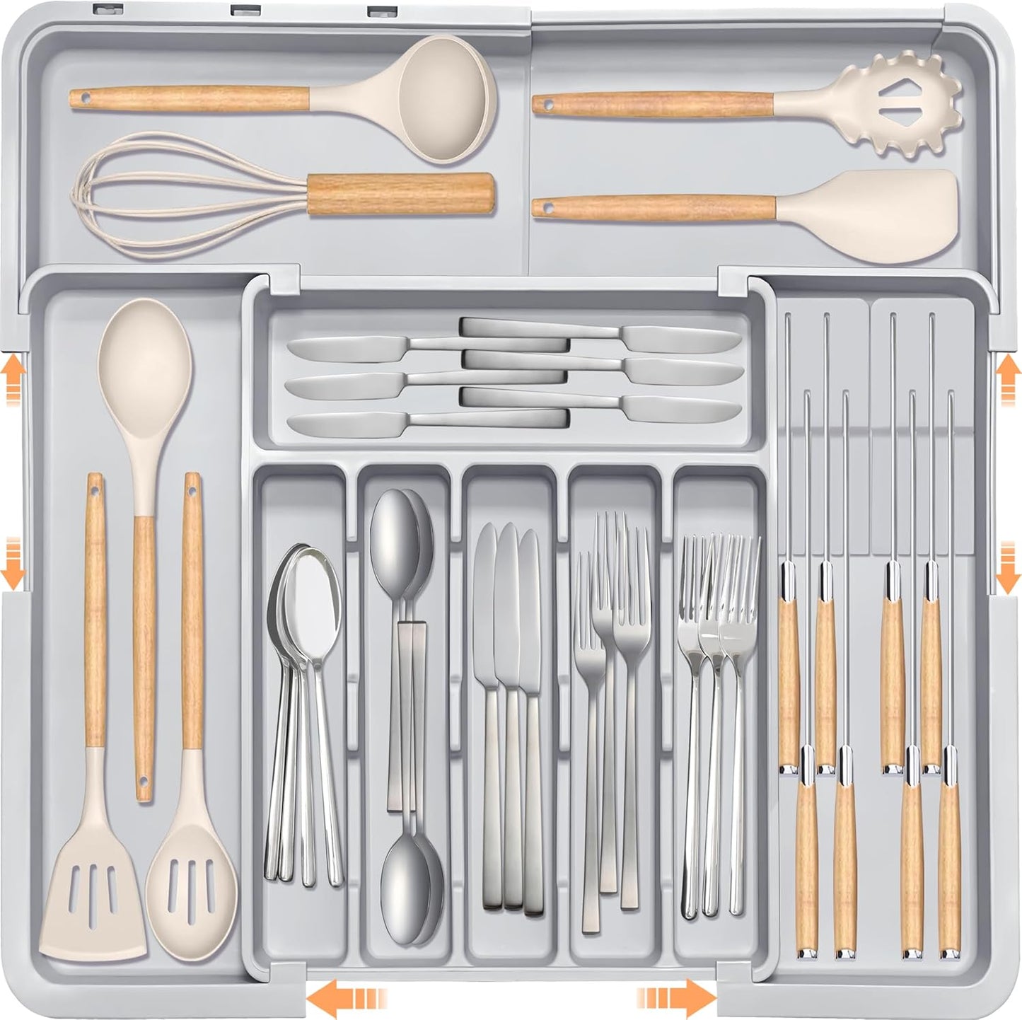 Silverware Organizer - Expandable Large Kitchen Drawer Organizer Utensil Organizer with 2 Removable Knife Blocks, 22"x 19"Cutlery Tray Drawer Dividers for Kitchen Flatware(6-9 Slots) (Black)