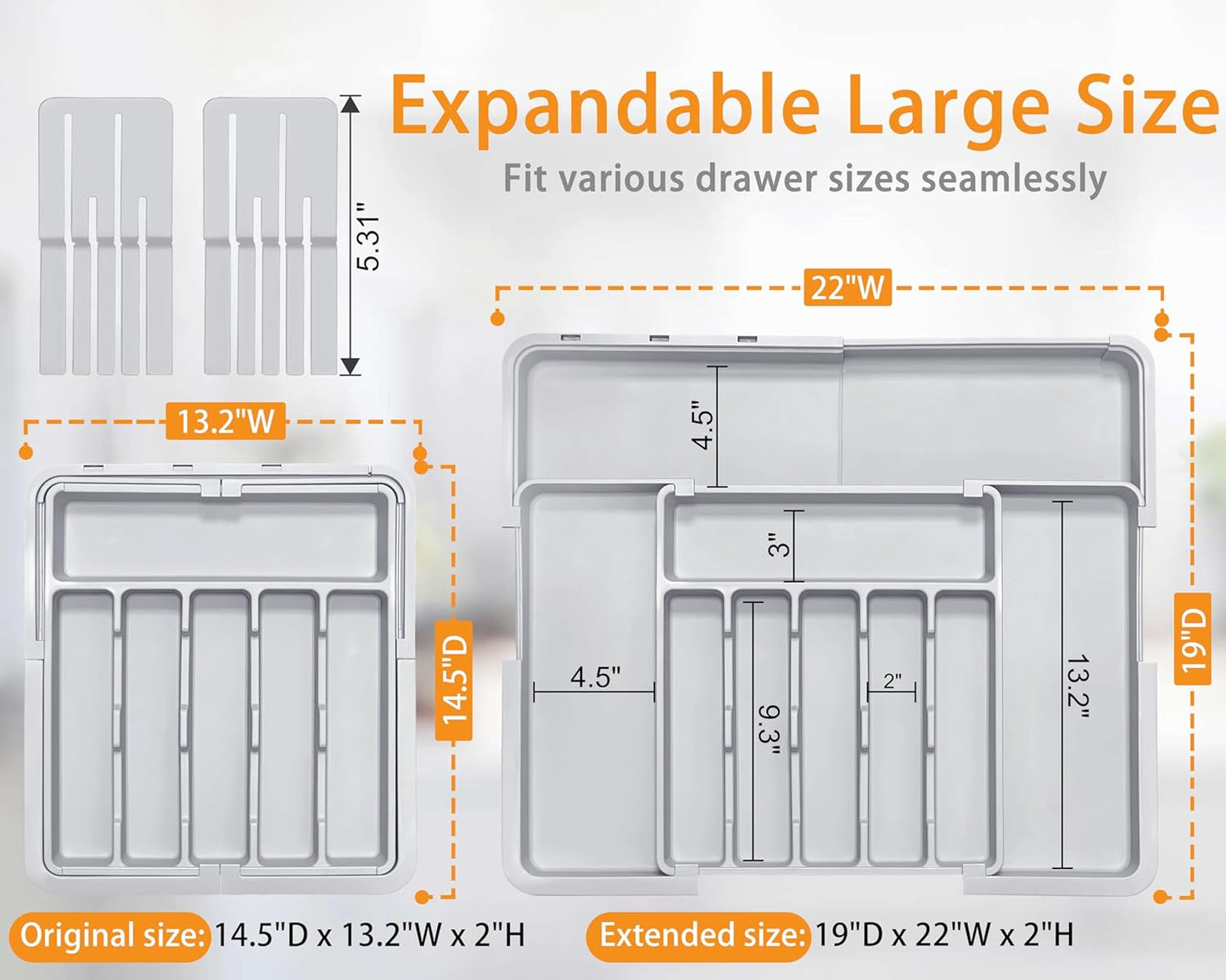 Silverware Organizer - Expandable Large Kitchen Drawer Organizer Utensil Organizer with 2 Removable Knife Blocks, 22"x 19"Cutlery Tray Drawer Dividers for Kitchen Flatware(6-9 Slots) (Black)