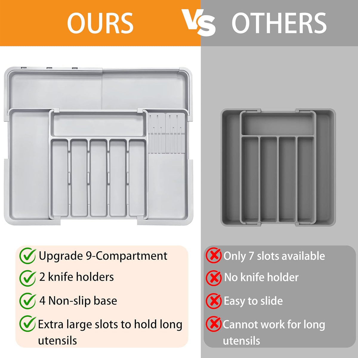 Silverware Organizer - Expandable Large Kitchen Drawer Organizer Utensil Organizer with 2 Removable Knife Blocks, 22"x 19"Cutlery Tray Drawer Dividers for Kitchen Flatware(6-9 Slots) (Black)