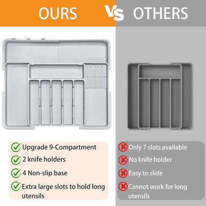 Silverware Organizer - Expandable Large Kitchen Drawer Organizer Utensil Organizer with 2 Removable Knife Blocks, 22"x 19"Cutlery Tray Drawer Dividers for Kitchen Flatware(6-9 Slots) (Black)