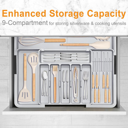 Silverware Organizer - Expandable Large Kitchen Drawer Organizer Utensil Organizer with 2 Removable Knife Blocks, 22"x 19"Cutlery Tray Drawer Dividers for Kitchen Flatware(6-9 Slots) (Black)