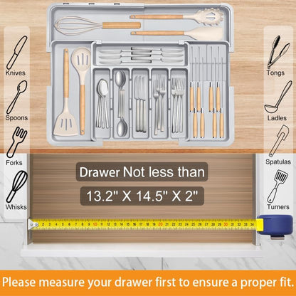 Silverware Organizer - Expandable Large Kitchen Drawer Organizer Utensil Organizer with 2 Removable Knife Blocks, 22"x 19"Cutlery Tray Drawer Dividers for Kitchen Flatware(6-9 Slots) (Black)