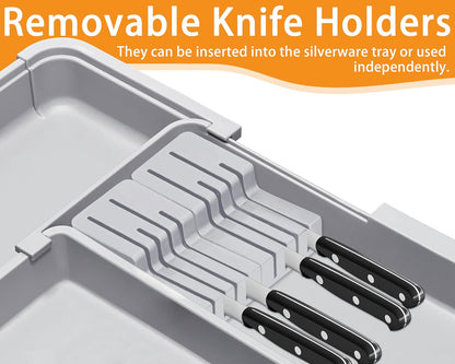 Silverware Organizer - Expandable Large Kitchen Drawer Organizer Utensil Organizer with 2 Removable Knife Blocks, 22"x 19"Cutlery Tray Drawer Dividers for Kitchen Flatware(6-9 Slots) (Black)