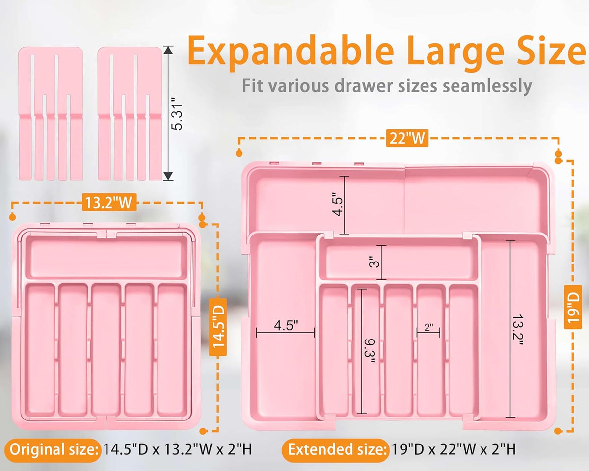 Silverware Organizer - Expandable Large Kitchen Drawer Organizer Utensil Organizer with 2 Removable Knife Blocks, 22"x 19"Cutlery Tray Drawer Dividers for Kitchen Flatware(6-9 Slots) (Black)