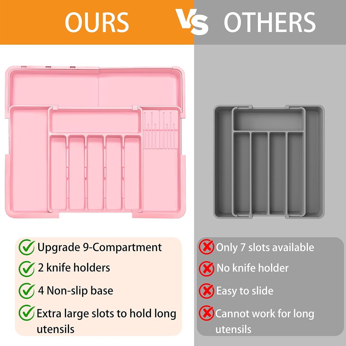 Silverware Organizer - Expandable Large Kitchen Drawer Organizer Utensil Organizer with 2 Removable Knife Blocks, 22"x 19"Cutlery Tray Drawer Dividers for Kitchen Flatware(6-9 Slots) (Black)